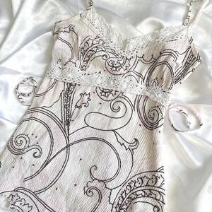 Cute Girl Y2K Paisley Crochet Lace Trim Asymmetrical Cami Top Pink Cream Medium